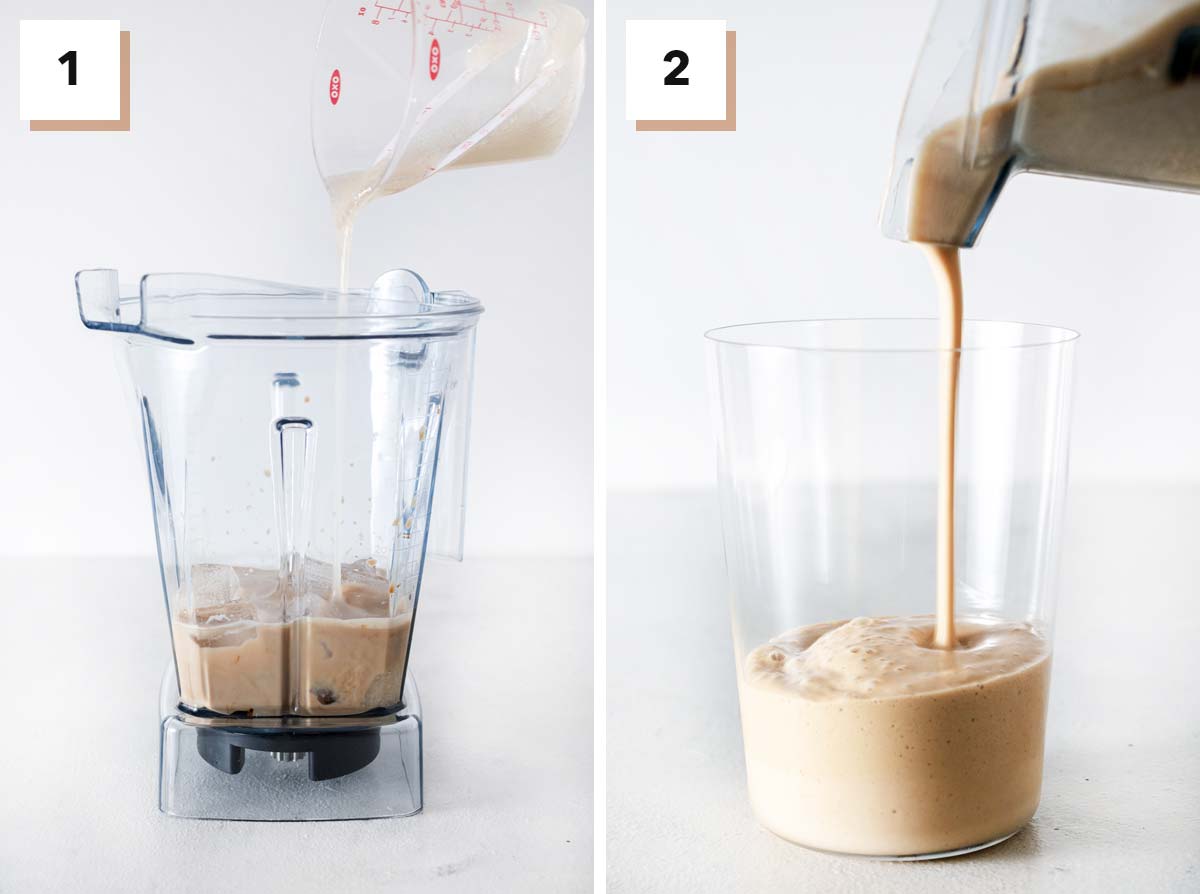 Two photo collage showing steps to make Starbucks Espressso Frappuccino at home.