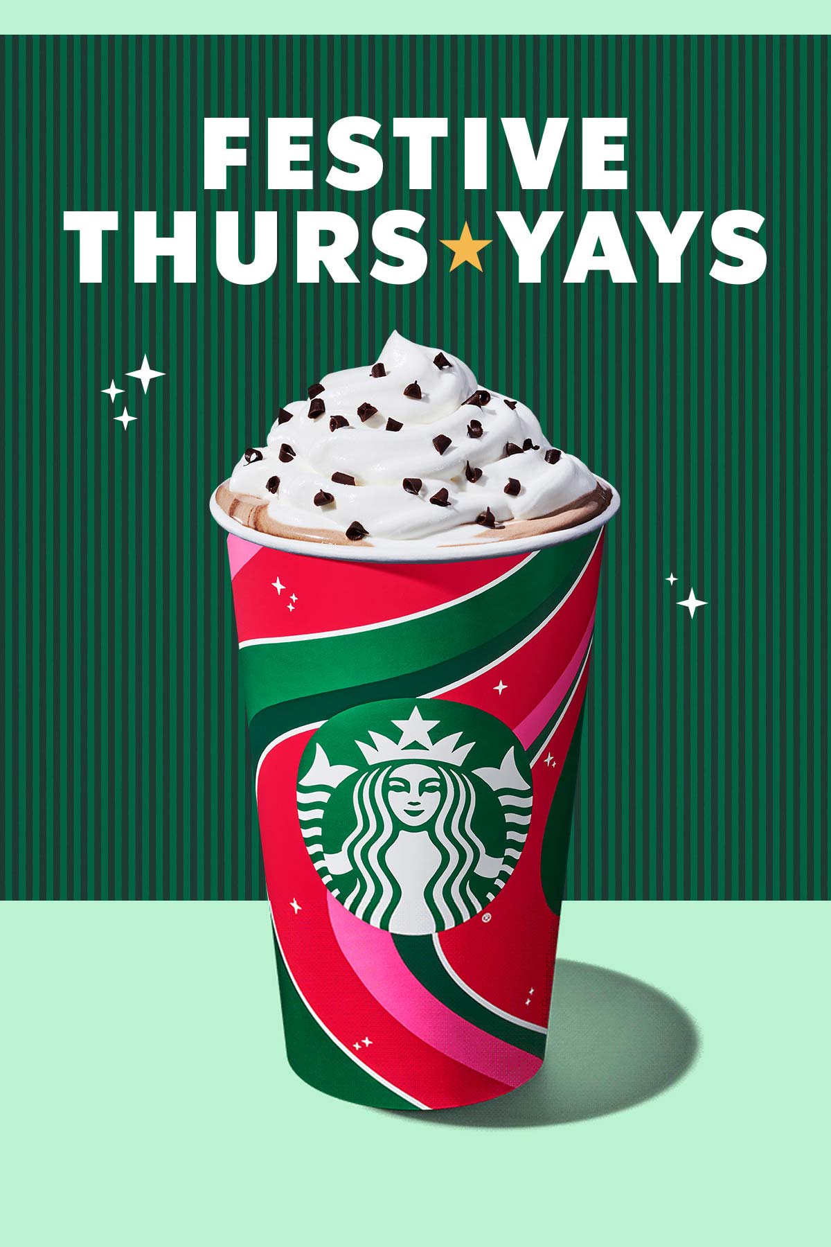 Starbucks Festive Thuesyays text with hot drink on a green background.