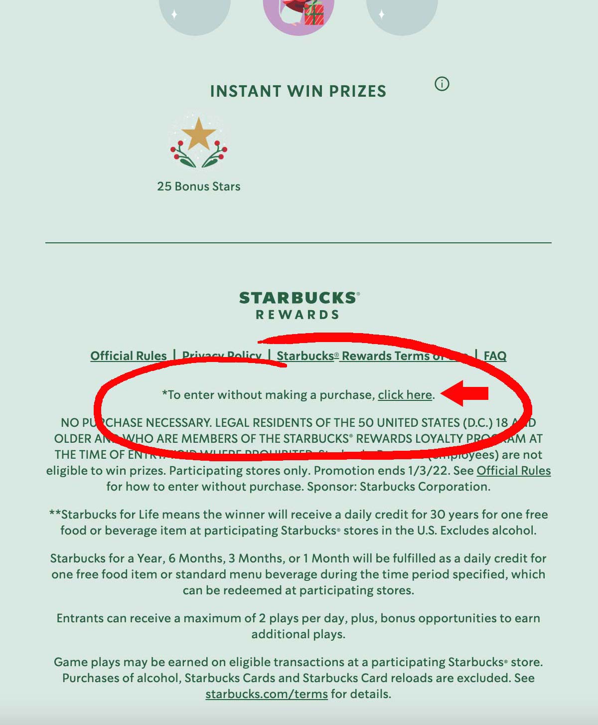 Starbucks for Life game with highlight to show where to get free game plays.