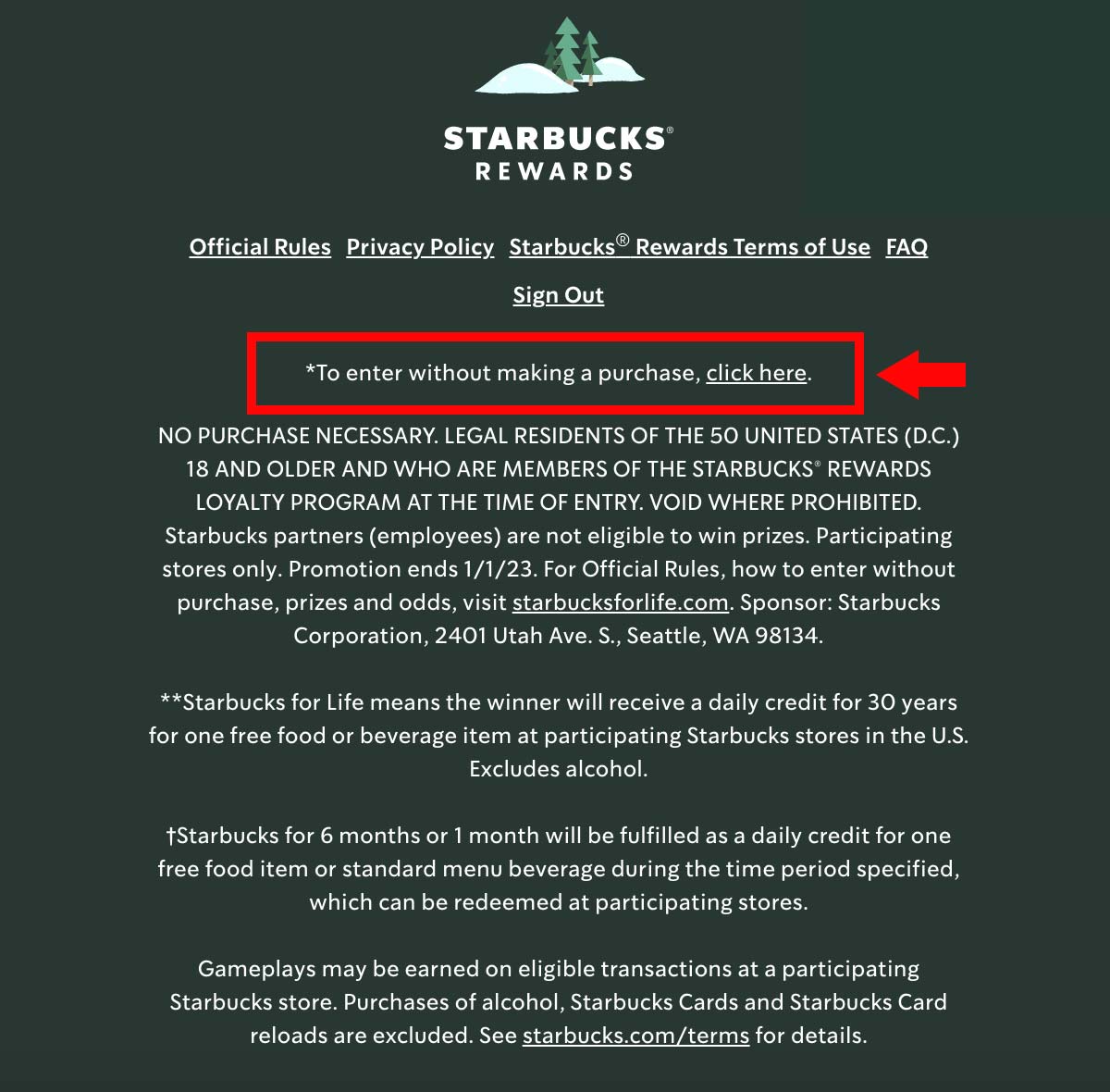 Screenshot of the Starbucks for Life game site showing where to play for free.