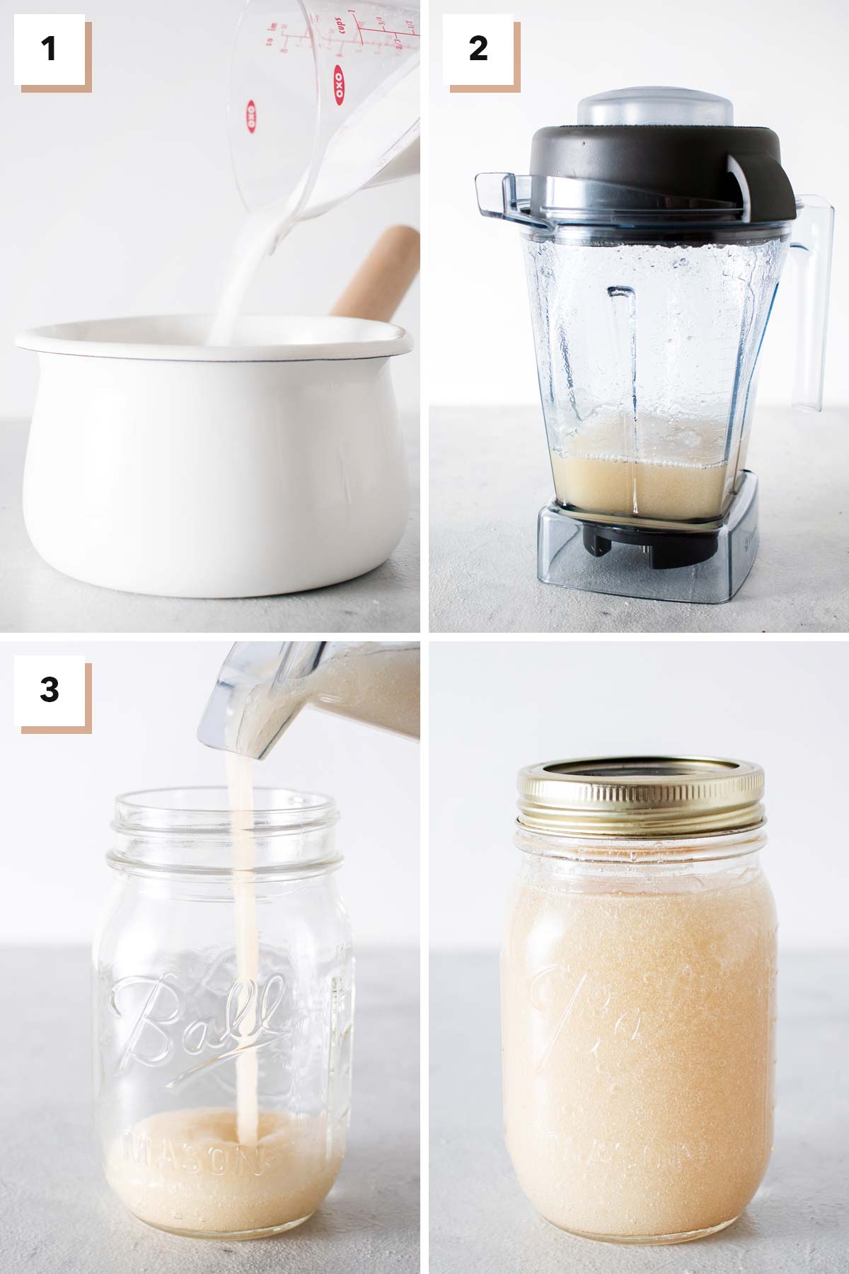 Four photo collage showing steps to make Starbucks Frappuccino base.