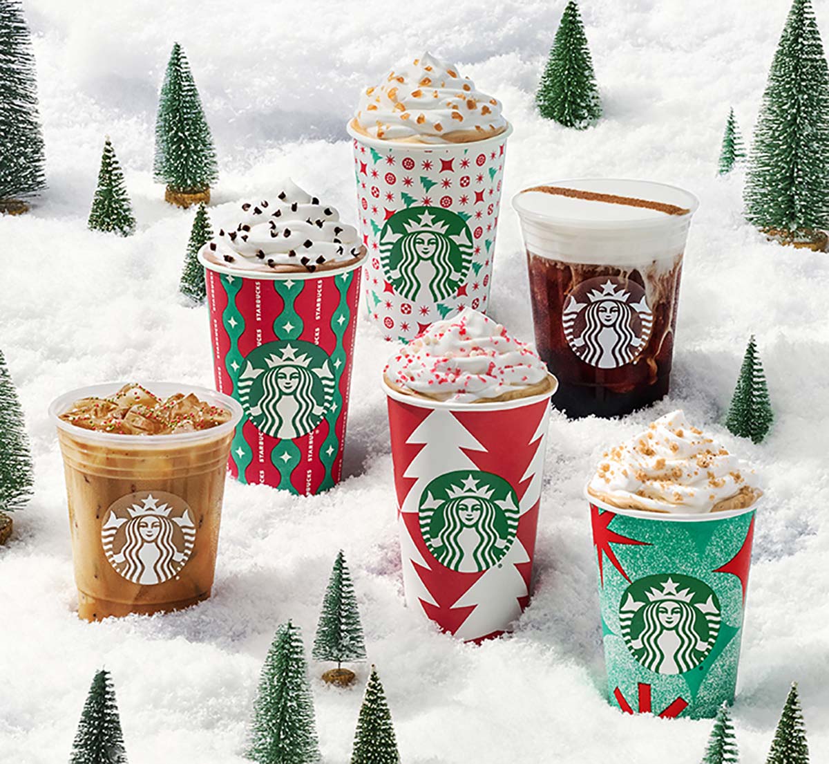 Starbucks holiday drinks on winter themed background.
