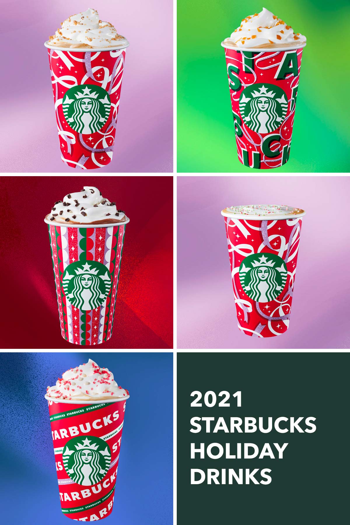 Six photo grid showing five Starbucks holiday drinks.