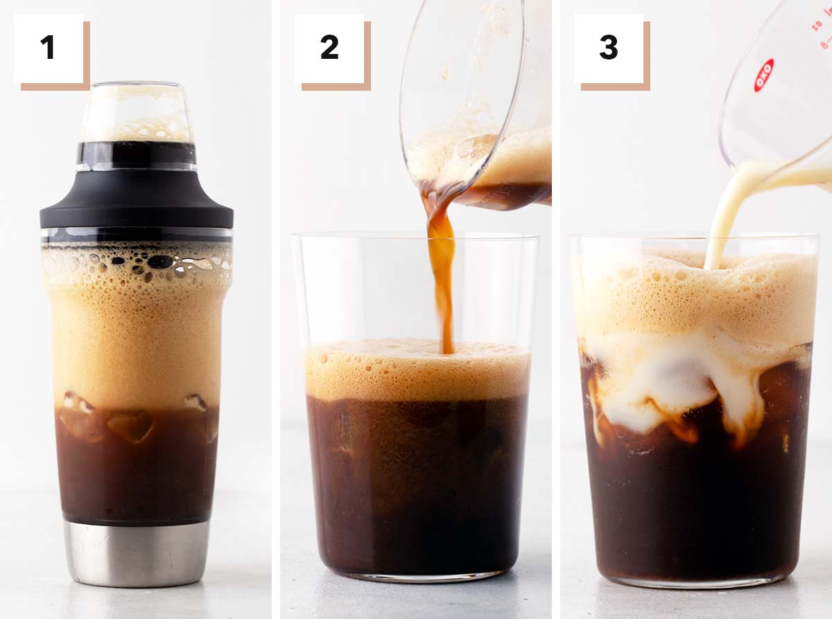 Iced Brown Sugar Oatmilk Shaken Espresso drink steps in a three photo collage.