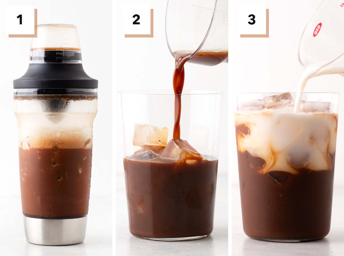 Three photo collage showing steps to make Starbucks Iced Chocolate Almondmilk Shaken Espresso Copycat.