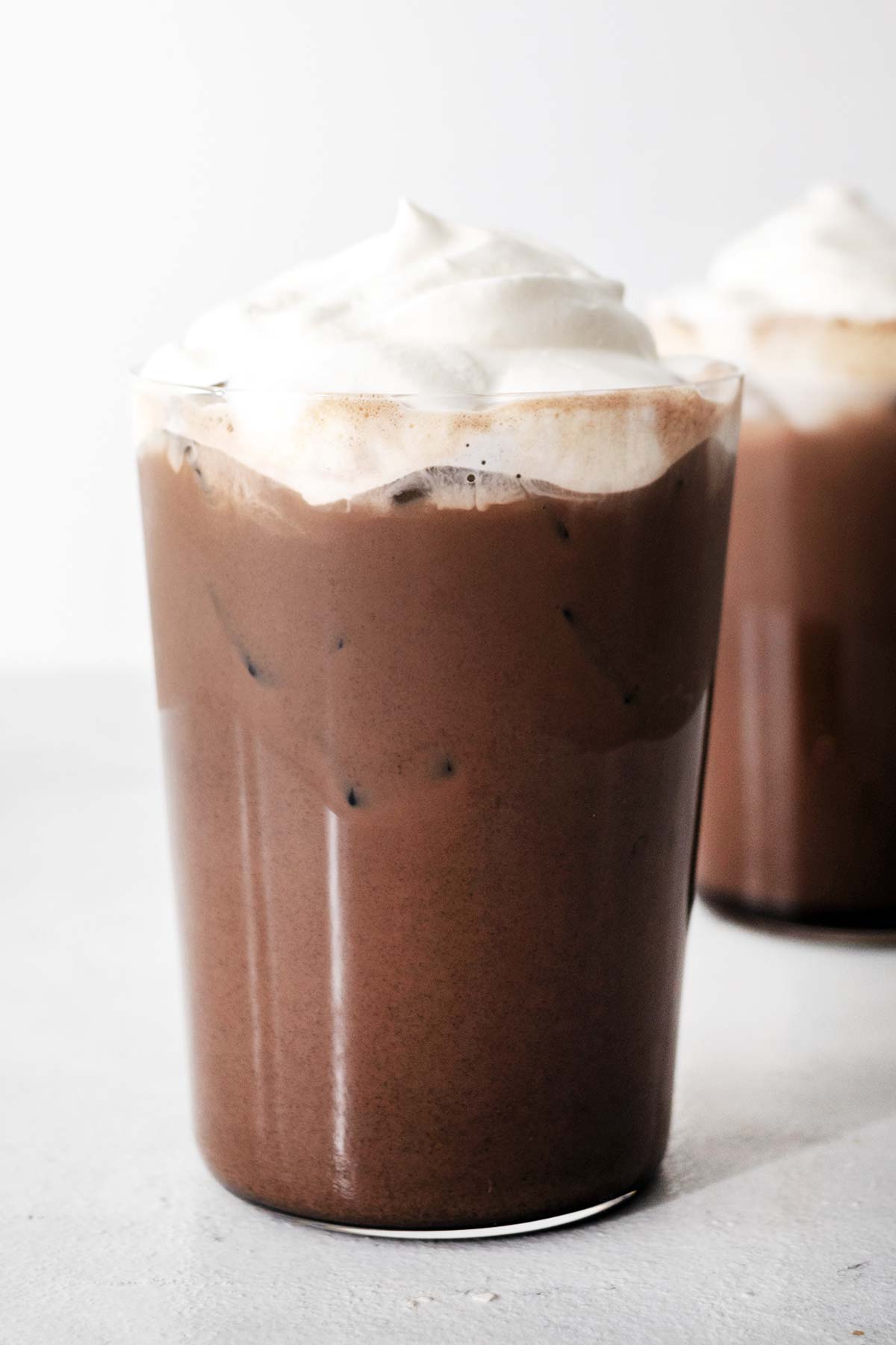Starbucks Iced Mocha copycat drinks topped with whipped cream.