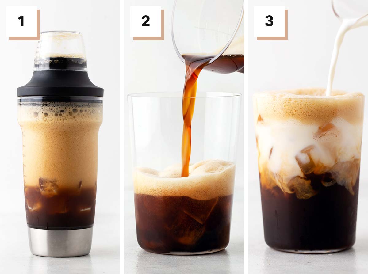 Three photo collage showing steps to make Starbucks Iced Shaken Espresso drink at home.