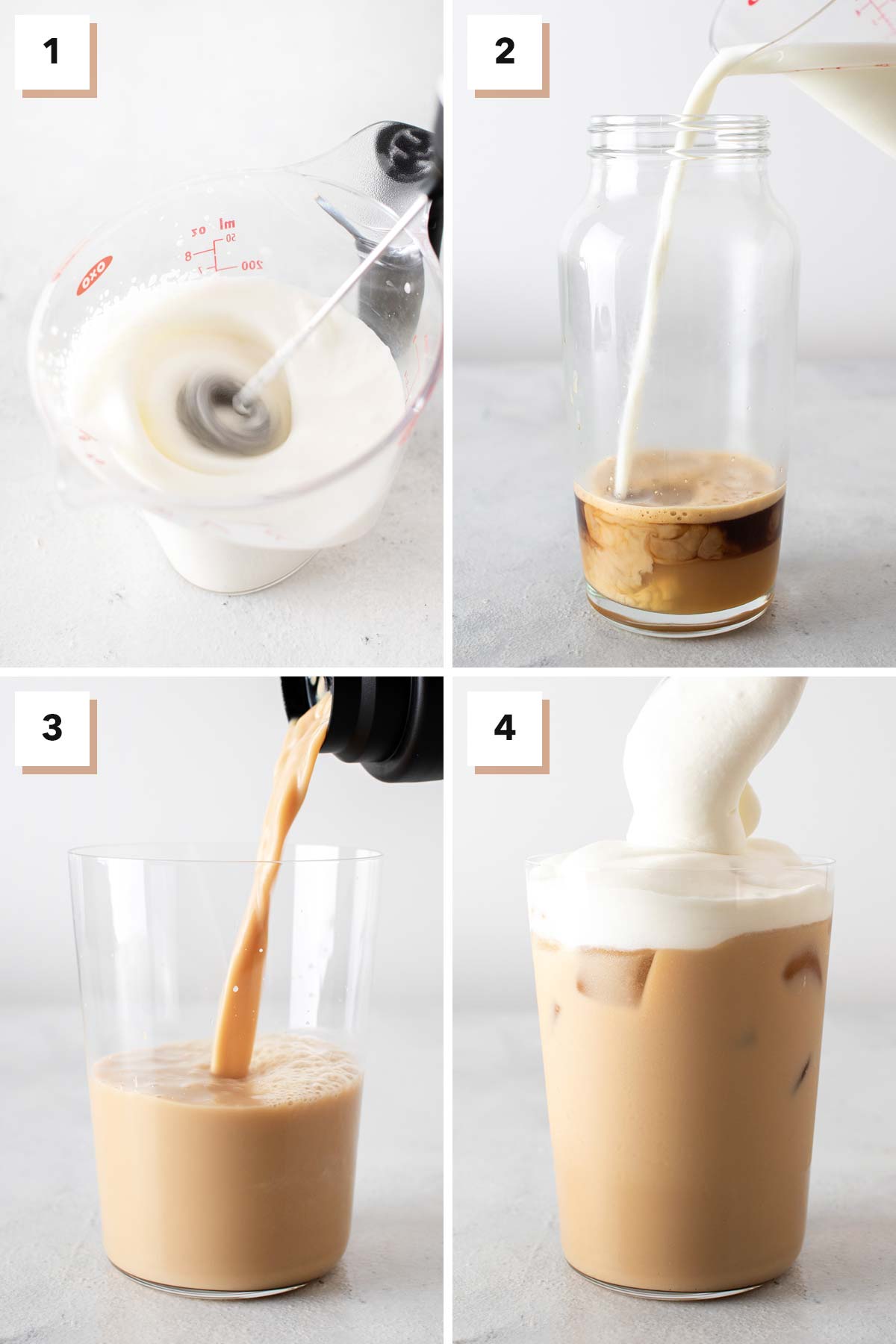 Four photo collage showing steps to make an Iced White Mocha.