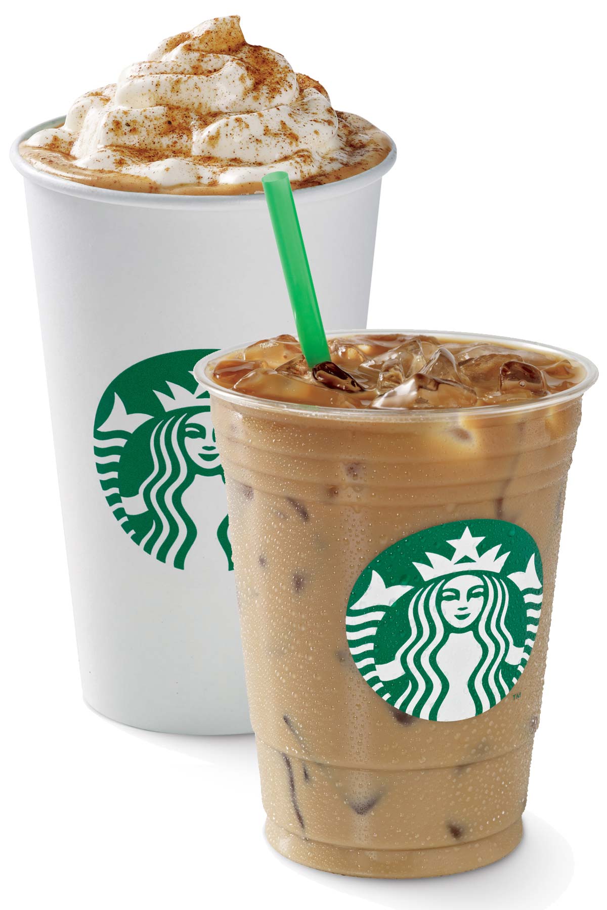 Two Starbucks drinks, one hot and one iced.