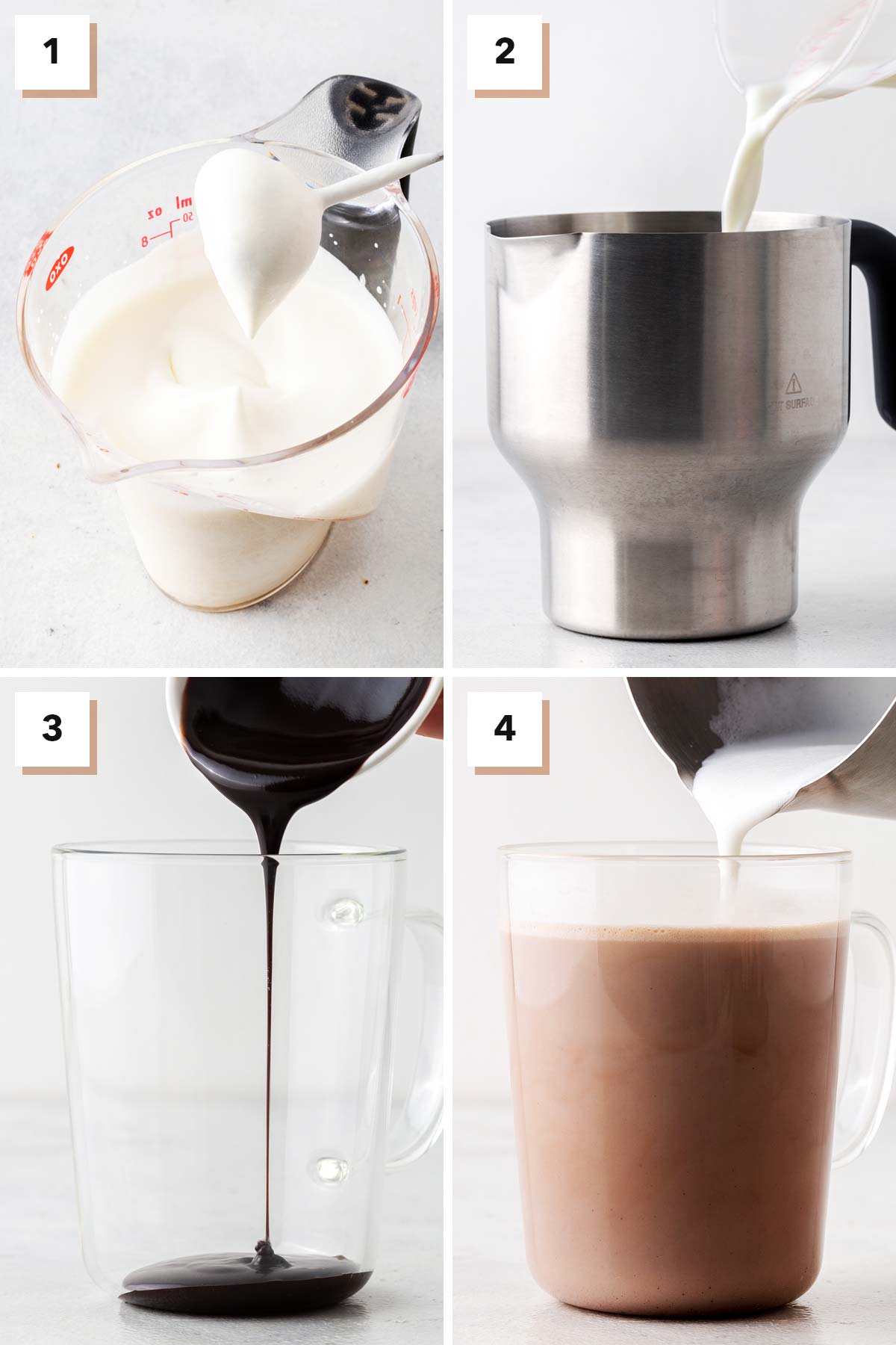 4 photos showing steps to make a peppermint hot chocolate.