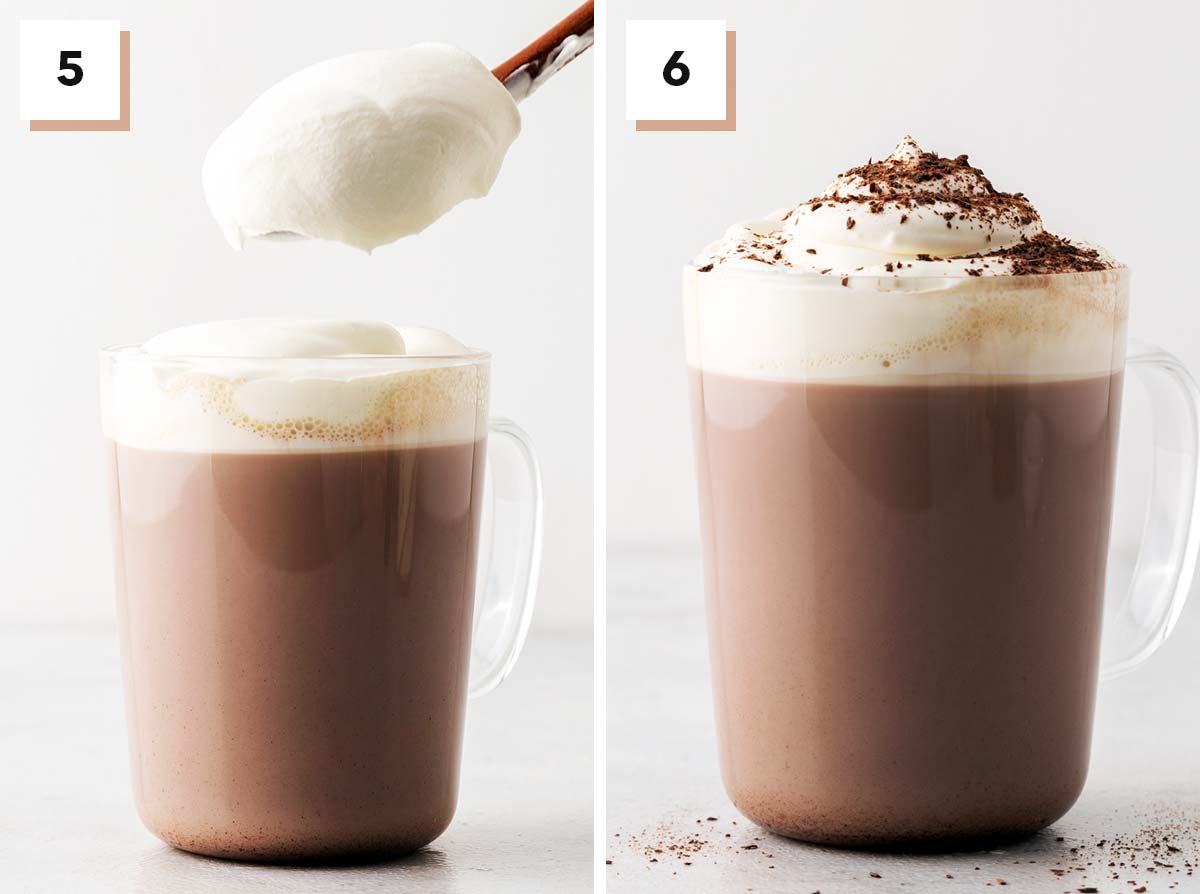 Last 2 steps of making a peppermint hot chocolate.