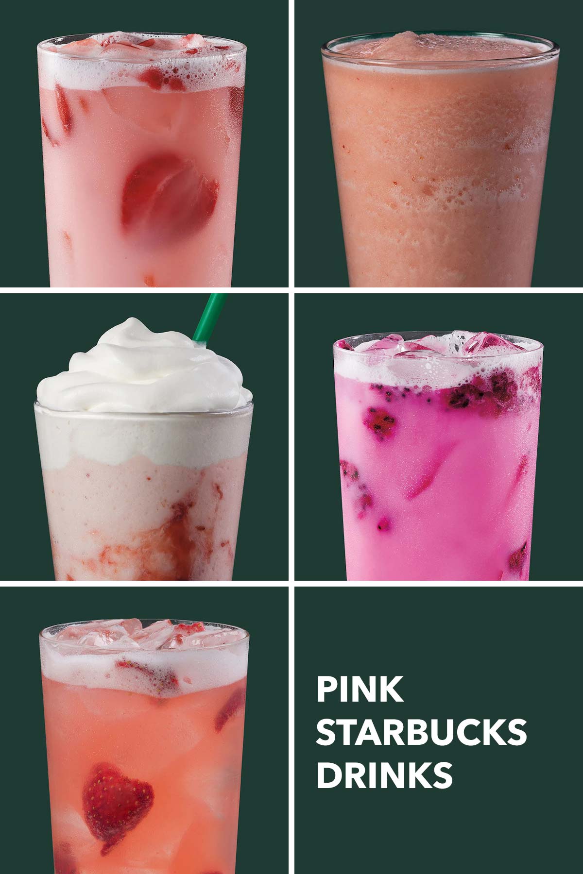 Six pink Starbucks drinks.