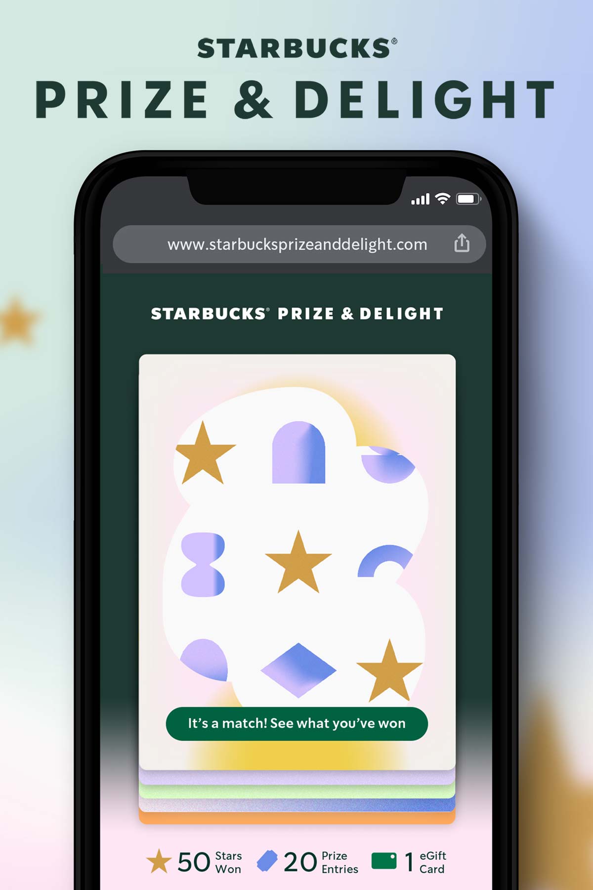 Illustration of iphone showing Starbucks Prize & Delight game.