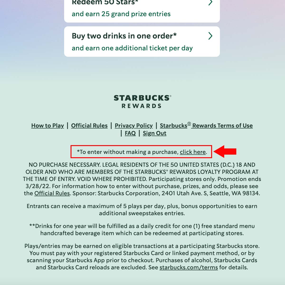 Highlighted area of the Starbucks Prize & Delight game where you can play for free.