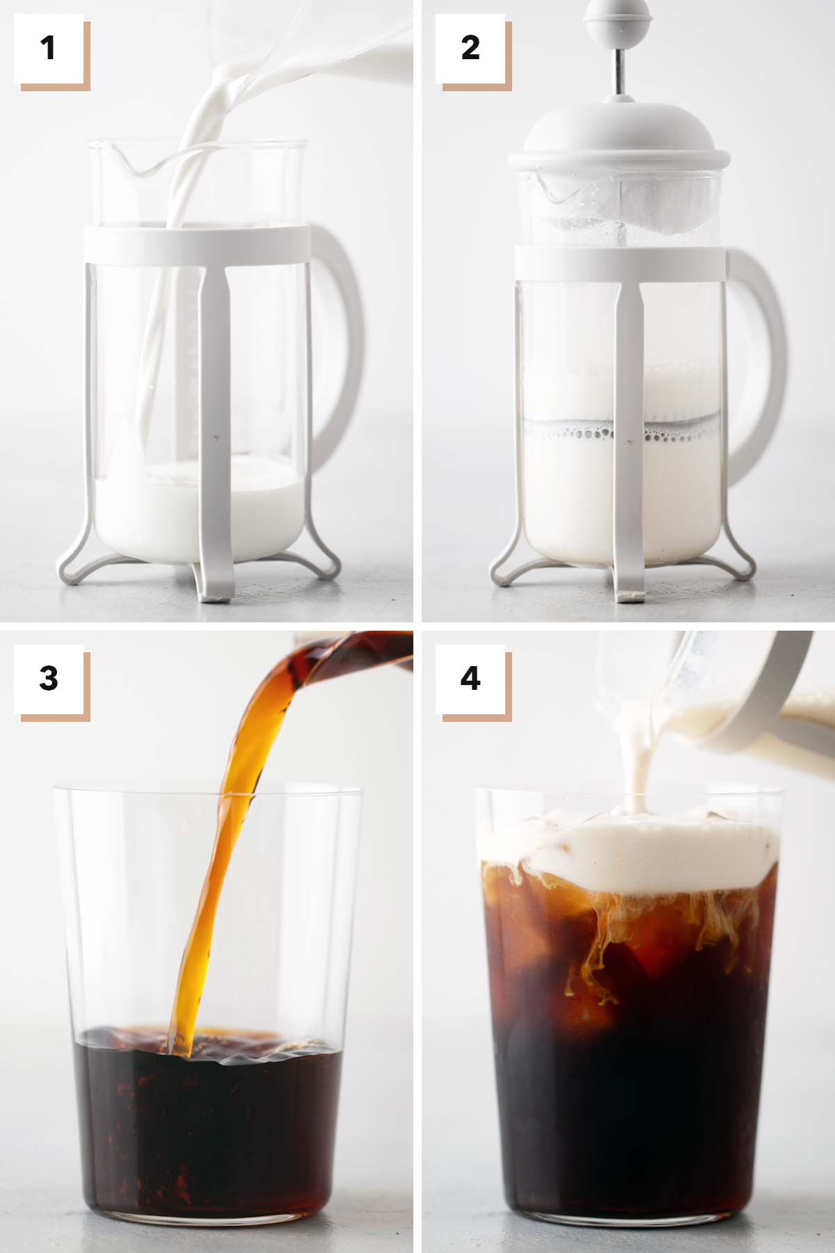 Four photo collage showing steps to make a Starbucks Pumpkin Cream Cold Brew.