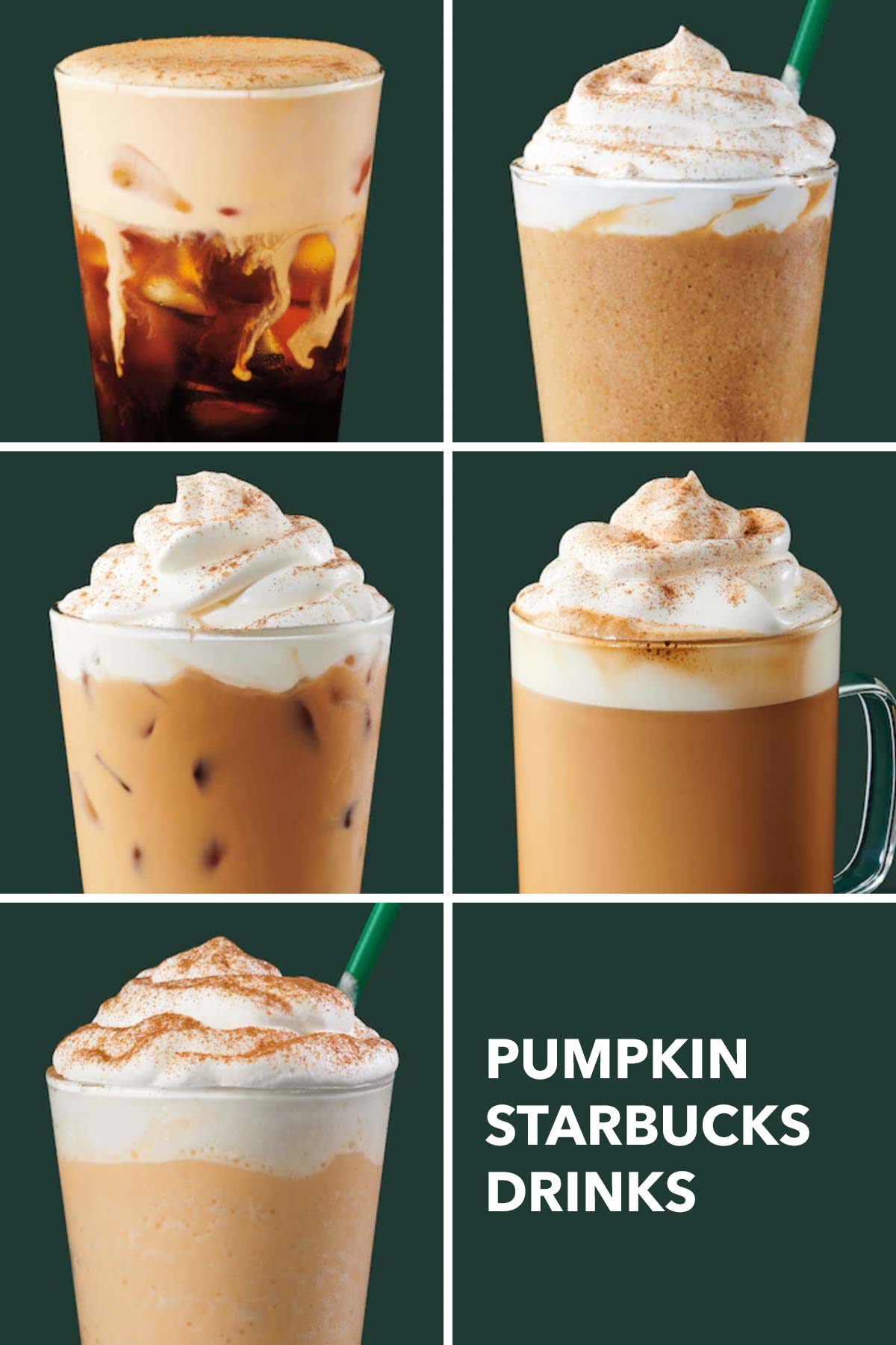 Six photo grid showing five Starbucks drinks.