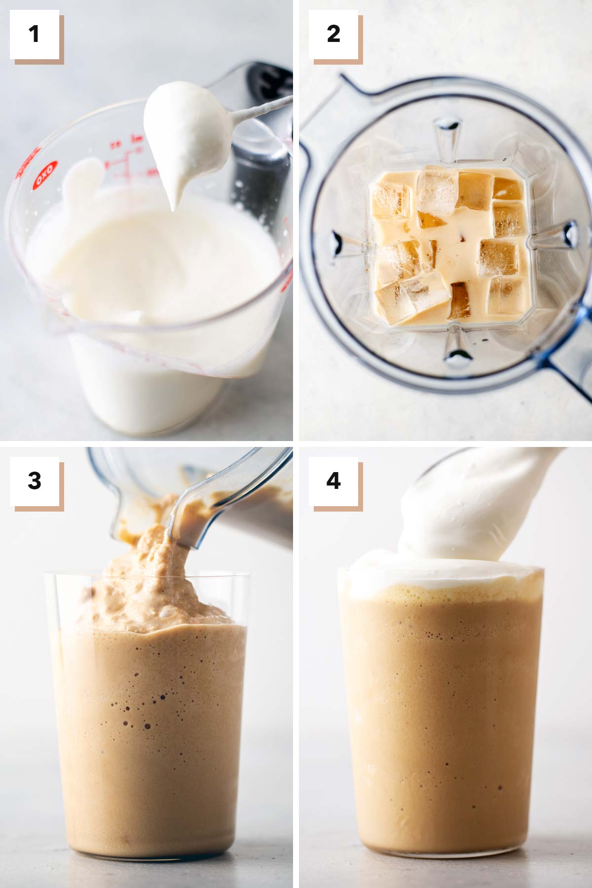 Four photo collage showing steps to make Starbucks Pumpkin Spice Frappuccino copycat recipe.