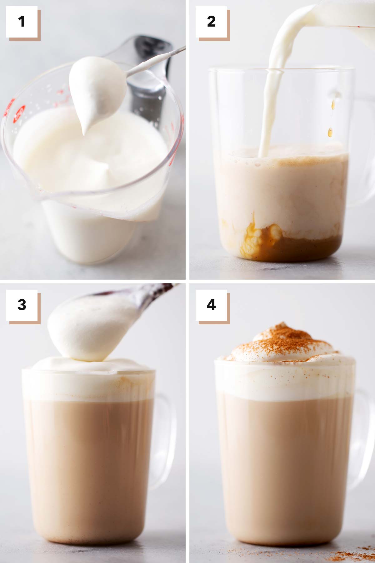 4 photo collage showing steps to make homemade Pumpkin Spice Latte with whipped cream.