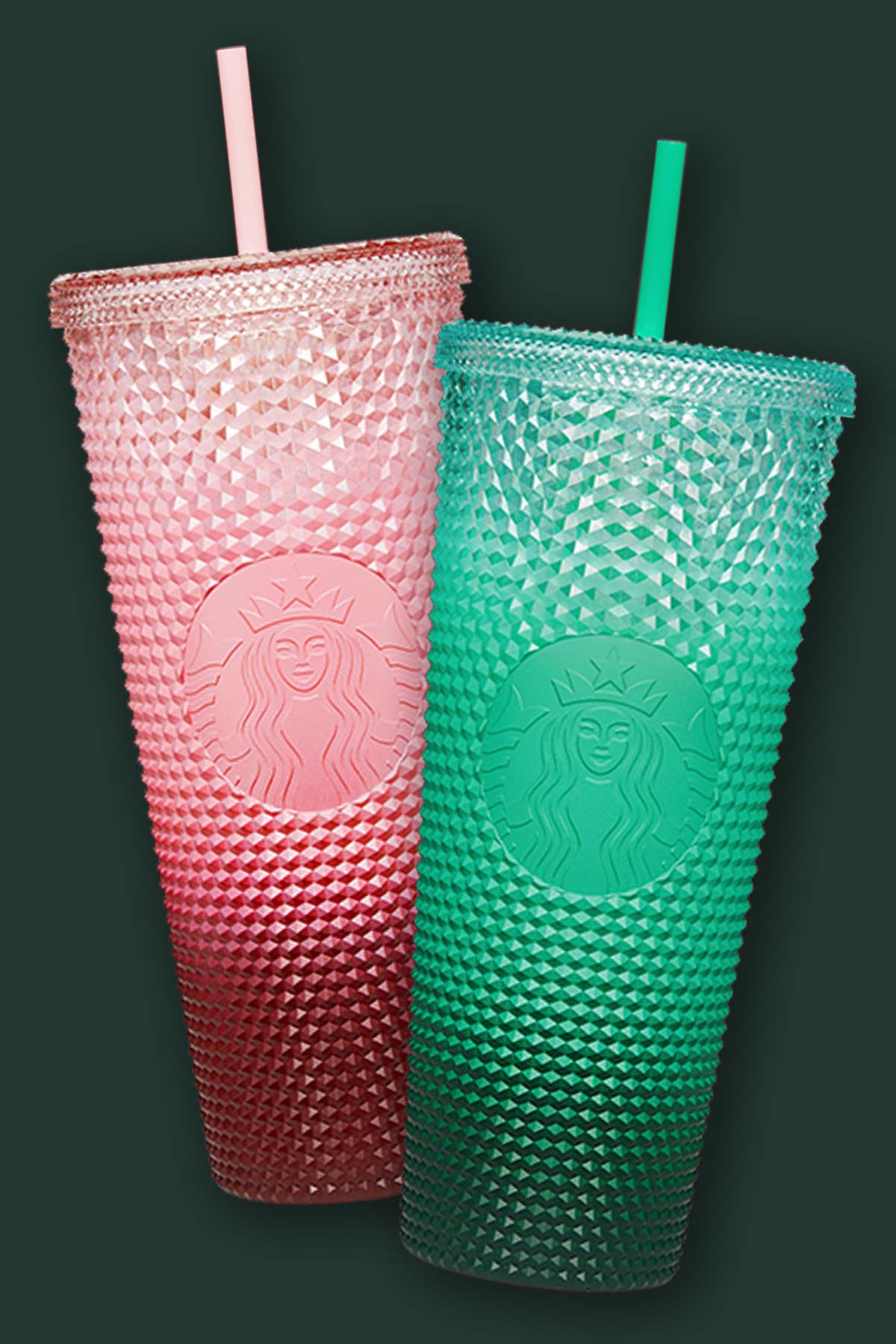 Starbucks reusable cups on a green background.