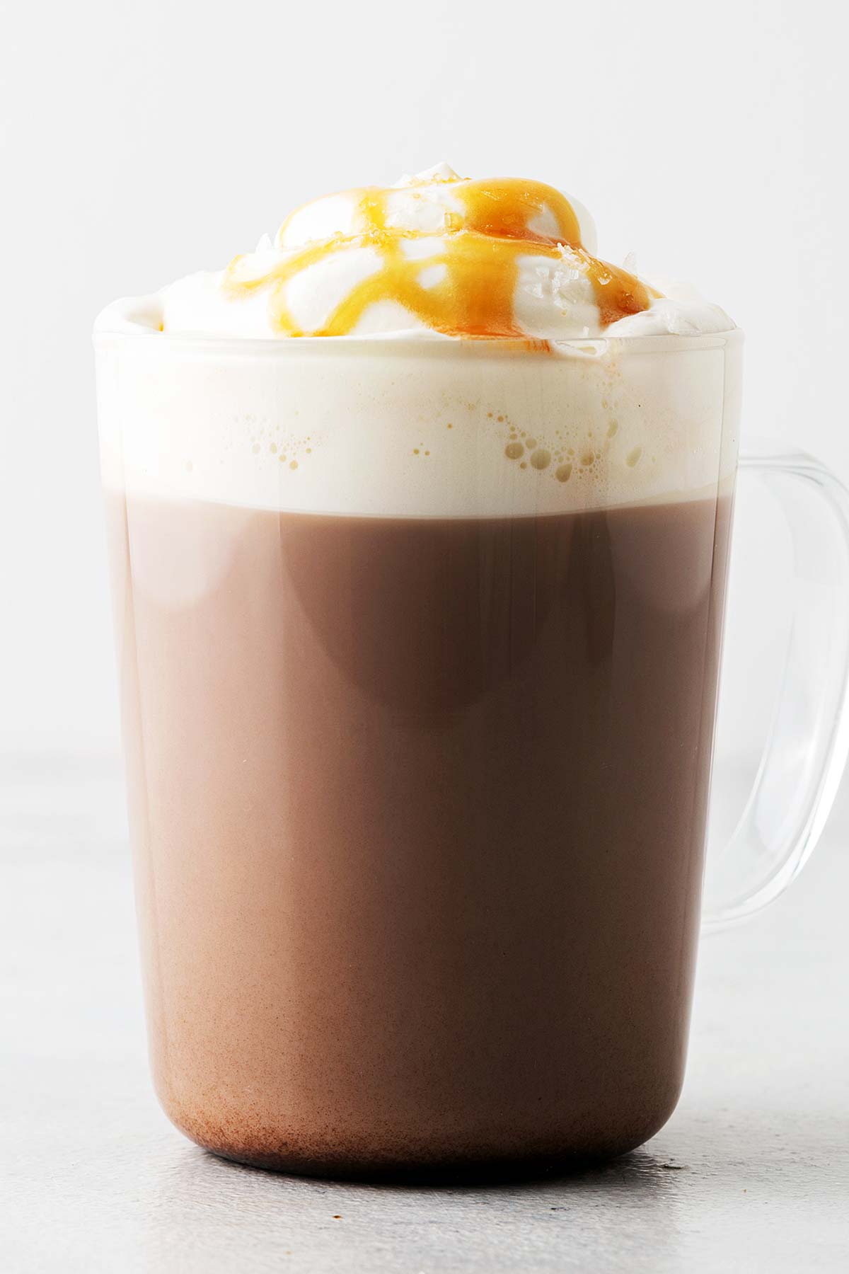 Salted Caramel Hot Chocolate in a glass mug.