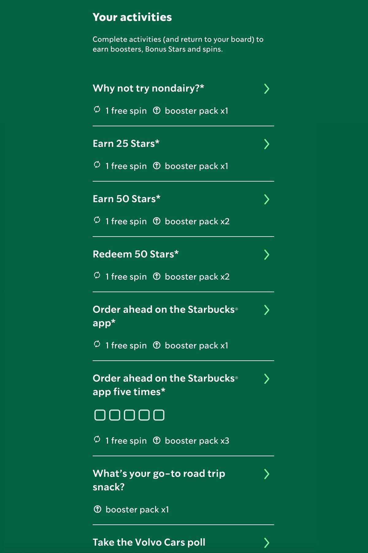 Starbucks Summer Game 2022 activities text on green background.