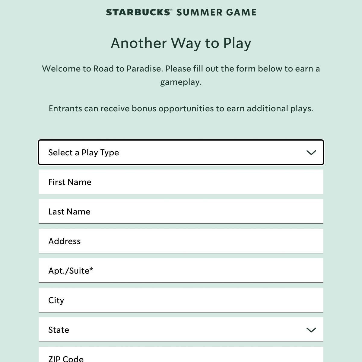 Starbucks Summer Game 2022 Another Way to Play entry form.