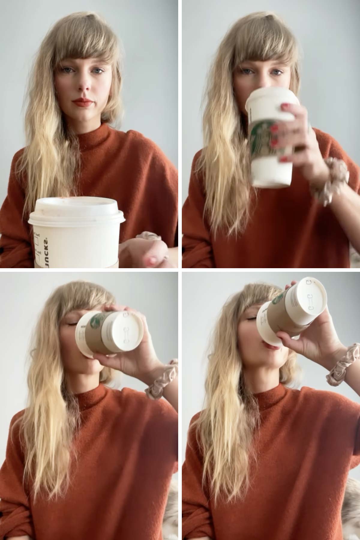 Four photo collage showing Taylor Swift drinking a Starbucks drink.