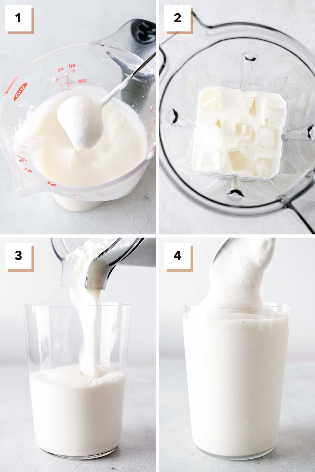 Four photo collage showing steps to make Vanilla Bean Frappuccino.
