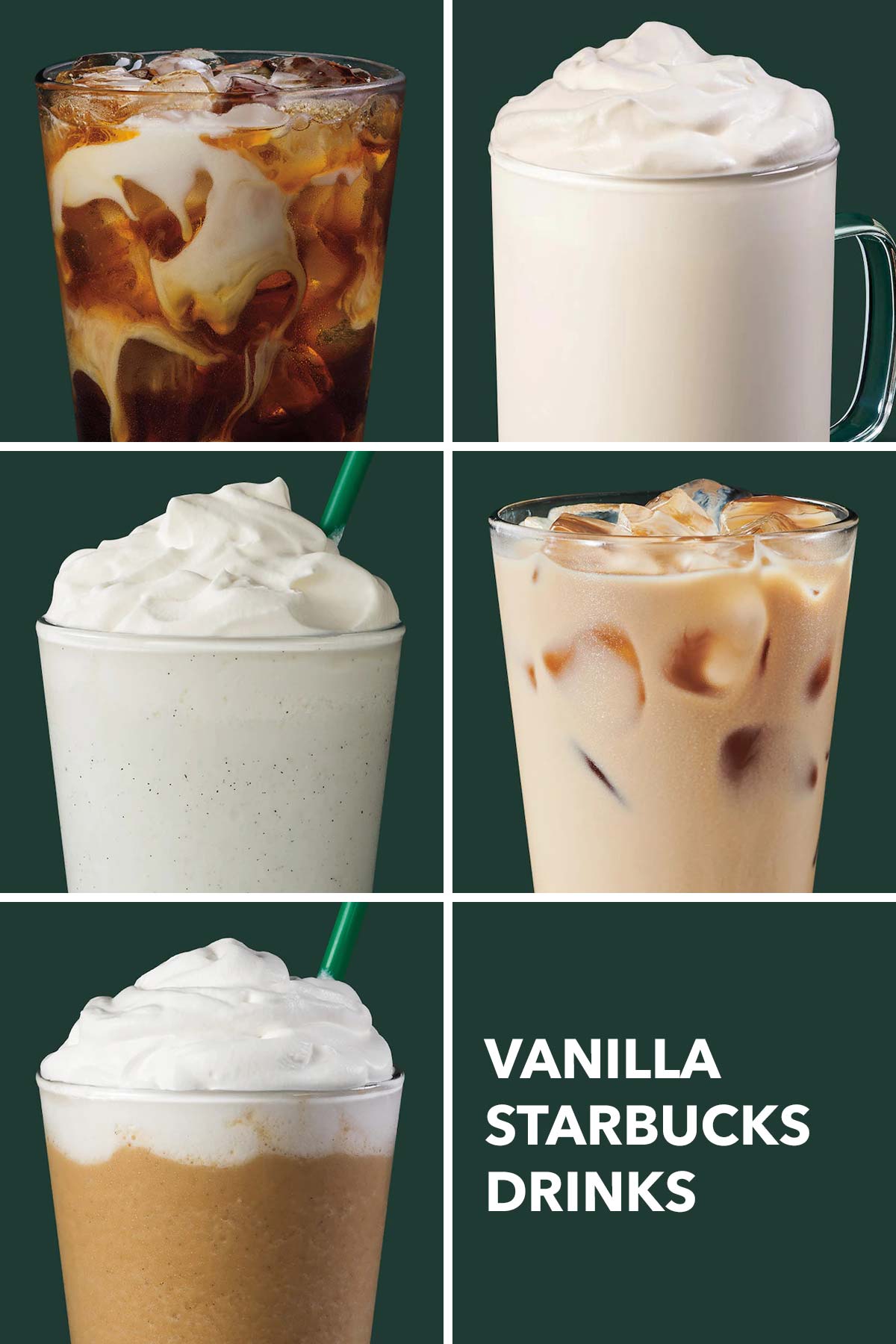 Six photo grid showing five Starbucks vanilla drinks.