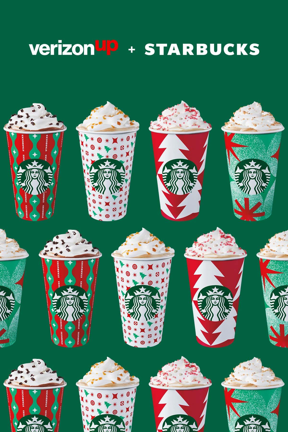 Starbucks and Verizon Up logos on green background with Starbucks holiday drink images.