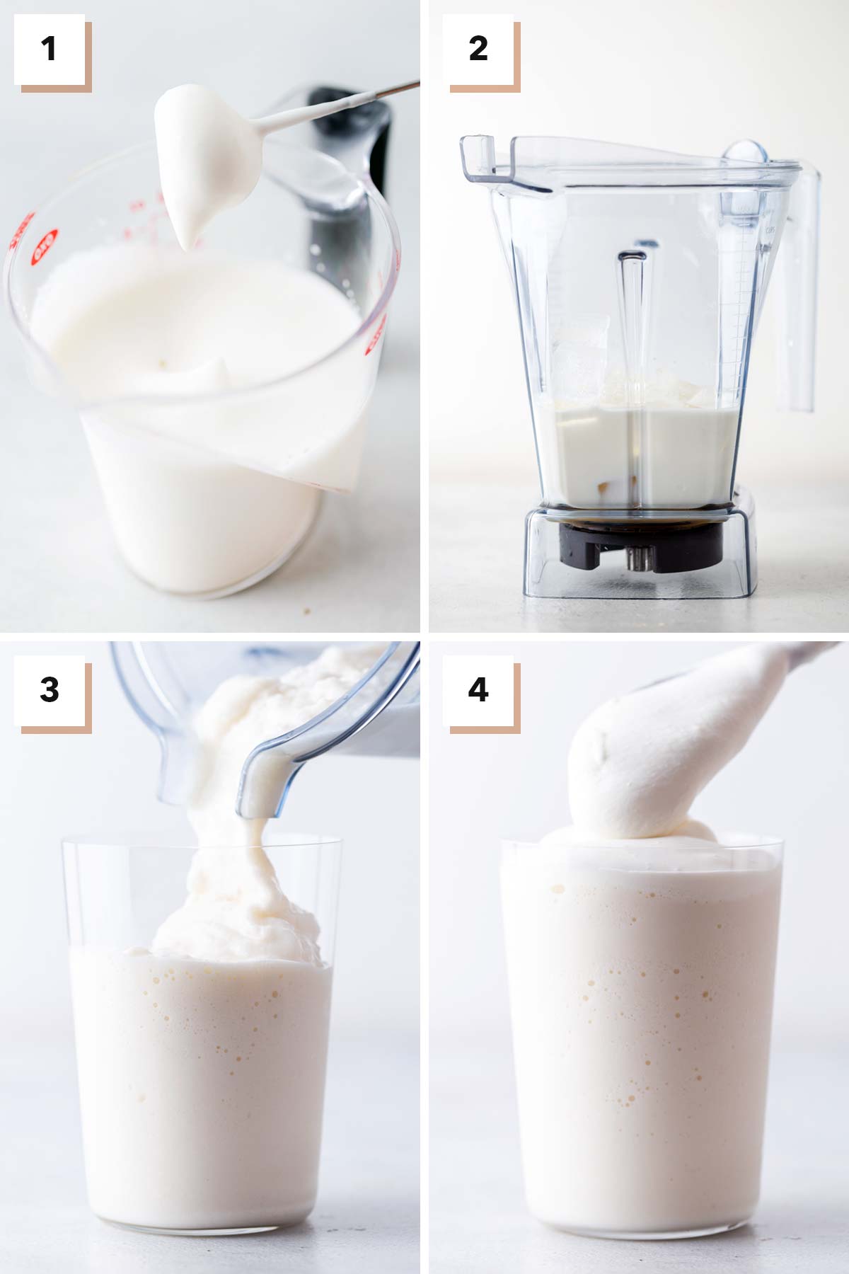 Four photo collage showing steps to make Starbucks White Chocolate Frappuccino at home.