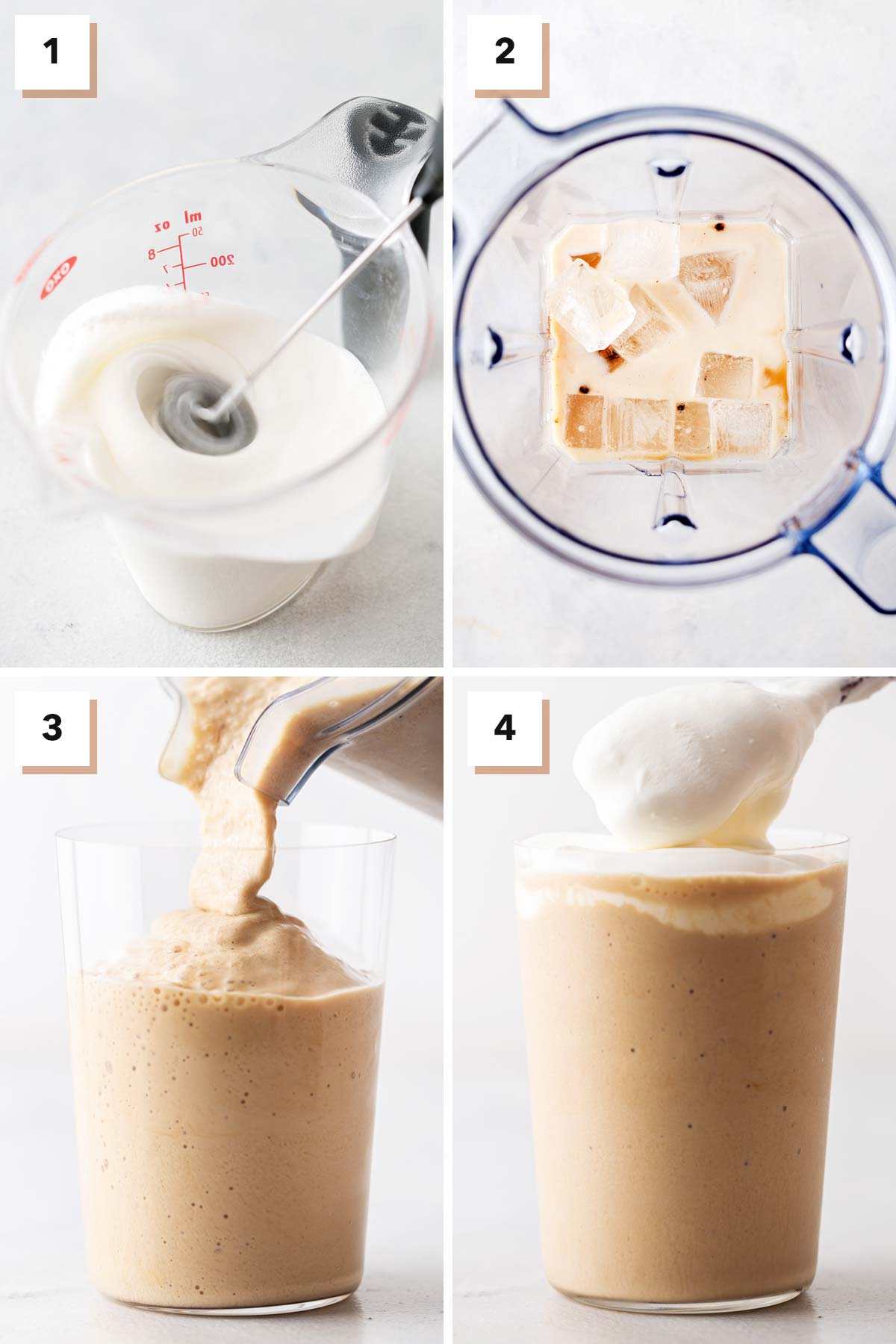 Four photo collage showing steps to make Starbucks White Chocolate Mocha Frappuccino copycat recipe.