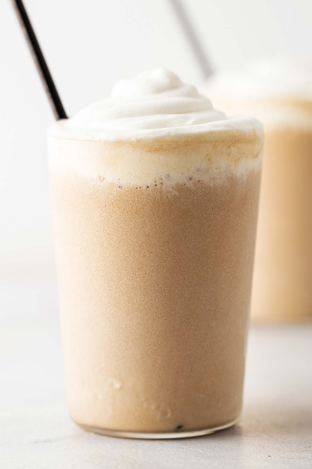 Starbucks White Chocolate Mocha Frappuccino copycat drink with whipped cream.