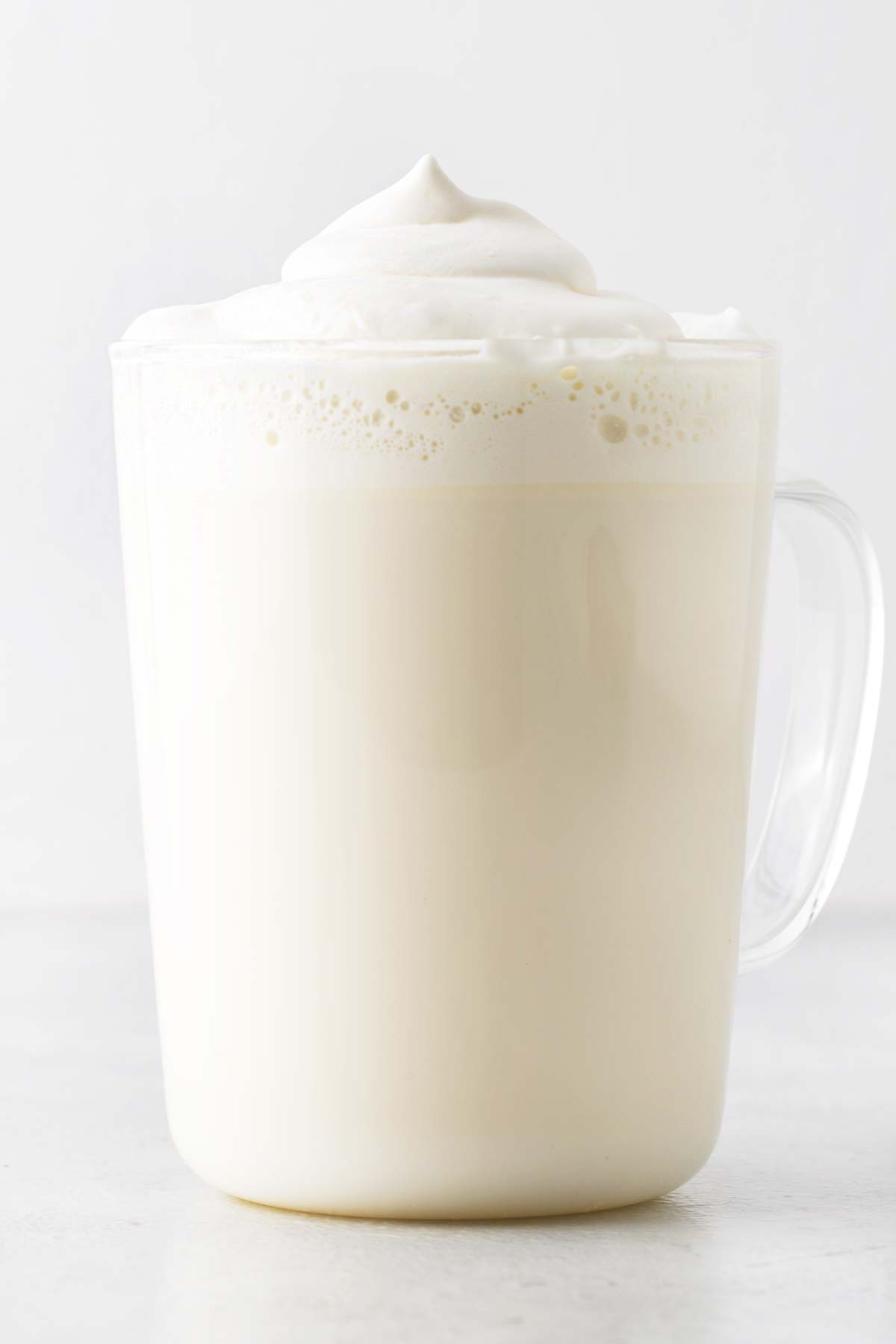 White Hot Chocolate in a clear glass.