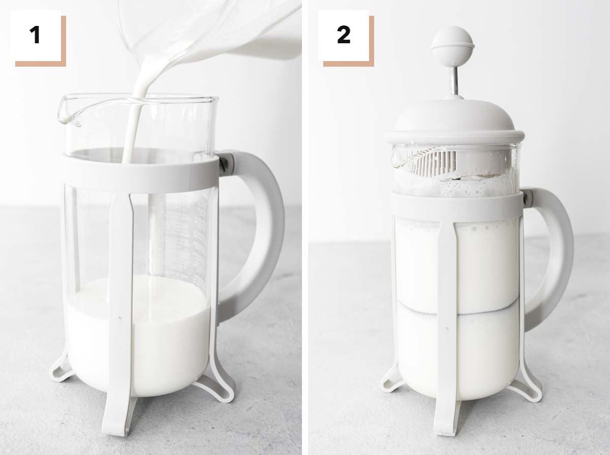Two photos showing steps to making cold foam in a French press.