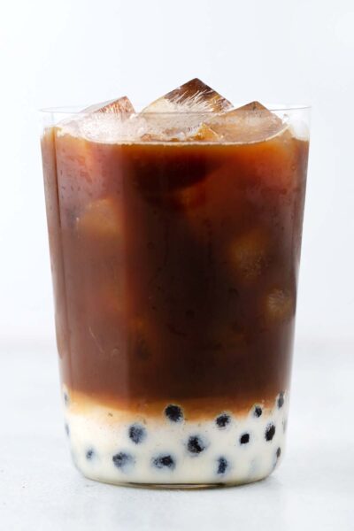 Vietnamese Coffee Boba in clear cup.